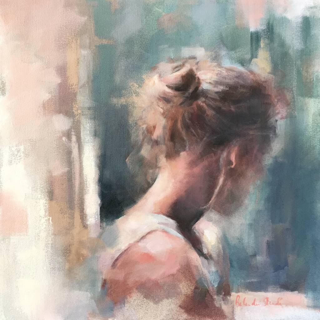 Woman with bun, soft pastel colors