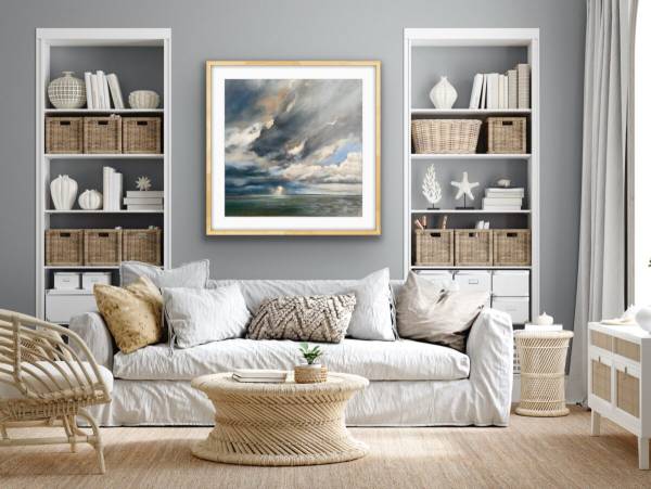 Cozy living room with ocean painting